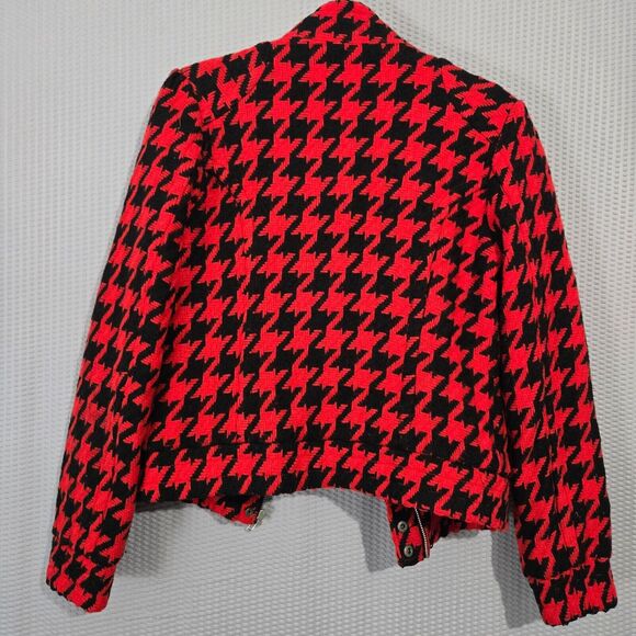 H&M Divided Womens Houndstooth Wool Blend Moto Jacket Size 10 Red & Black Preppy - Picture 2 of 7